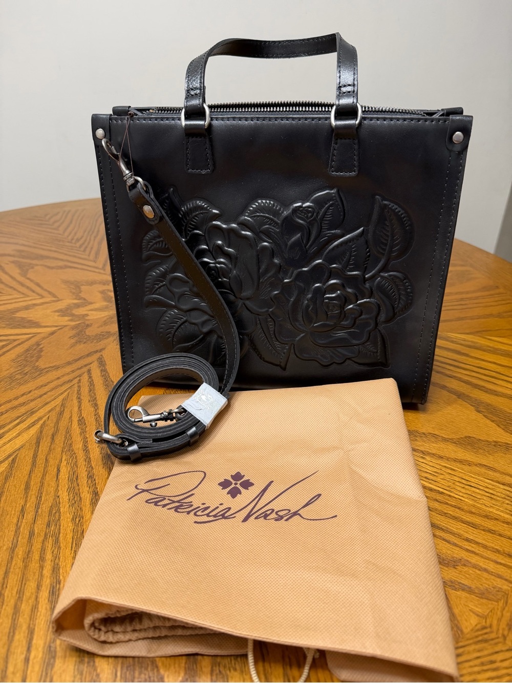 Patricia Nash Black Floral Embossed Leather Tote - Picture 4 of 9